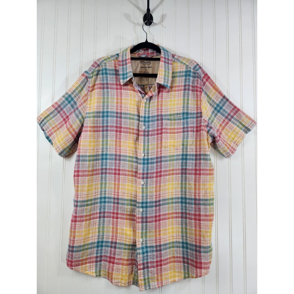 Chaps Mens Seacoast Wash Linen Blend Plaid Short Sleeve Button Down Shirt Large